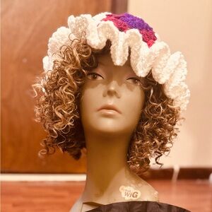Chic Crochet Ruffle Hat with Purple Accent